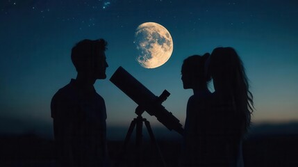 Silhouetted trio watching moon through telescope, starry sky glowing close up, focus on, copy space rich blue tones, Double exposure silhouette with celestial wonder