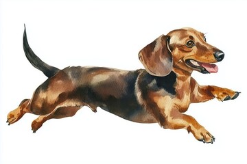 Watercolor illustration of a playful dachshund dog isolated on white background 