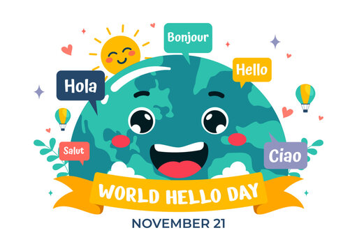 World Hello Day Vector Illustration on November 21 with Speech Bubbles Displaying Greetings in Multiple Languages from Around the in a Background
