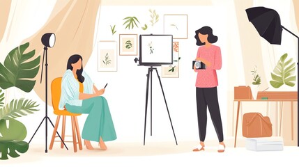 An illustration of a photographer taking pictures of a model in a studio.
