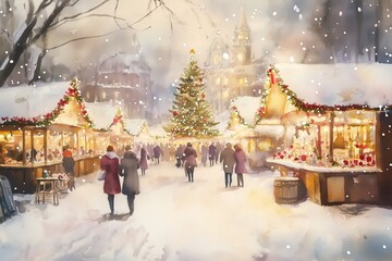 watercolor painting from a christmas market 
