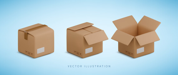 Vector cartoon 3d square carton box set. Cute realistic closed and opened package with shadow on blue background. 3d render cardboard box with cargo packaging symbols for infographic, delivery app.