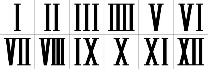 1〜12のローマ数字。シンプルなモノクロ文字素材。