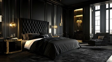 A lavish, all-black bedroom showcases an opulent, high-end design with a large, tufted headboard, plush bedding, and elegant gold-accented lighting fixtures creating an atmosphere of sophistication.