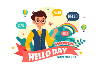 World Hello Day Vector Illustration on November 21 with Speech Bubbles Displaying Greetings in Multiple Languages from Around the in a Background