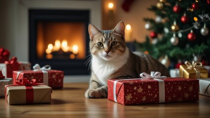 A cute cat sits amidst colorful Christmas decorations and a twinkling Christmas tree, creating a cozy and festive holiday atmosphere.