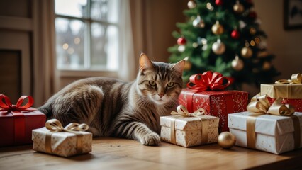 A cute cat sits amidst colorful Christmas decorations and a twinkling Christmas tree, creating a cozy and festive holiday atmosphere.