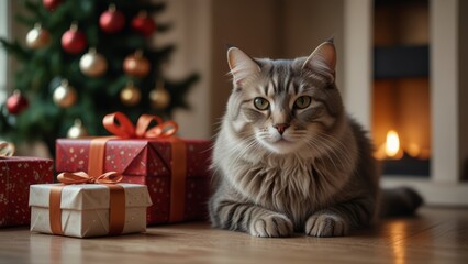 A cute cat sits amidst colorful Christmas decorations and a twinkling Christmas tree, creating a cozy and festive holiday atmosphere.