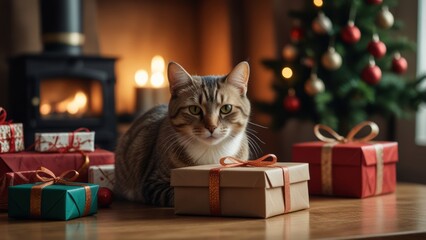 A cute cat sits amidst colorful Christmas decorations and a twinkling Christmas tree, creating a cozy and festive holiday atmosphere.