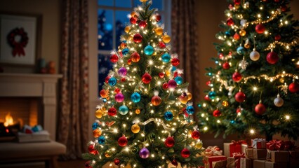 A warm and inviting living room features a beautifully decorated Christmas tree and a glowing fireplace, creating a cozy holiday atmosphere perfect for celebrations.