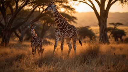A majestic giraffe with its calf stands serenely amidst the golden grasses of the African savanna, silhouetted by a breathtaking sunset. The scene captures the tranquil beauty of wildlife and nature.