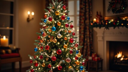 A warm and inviting living room features a beautifully decorated Christmas tree and a glowing fireplace, creating a cozy holiday atmosphere perfect for celebrations.