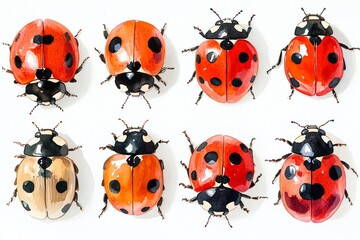 Watercolor painting realistic set ladybug on white background. Clipping path included. 