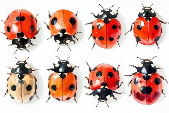 Watercolor painting realistic set ladybug on white background. Clipping path included. 