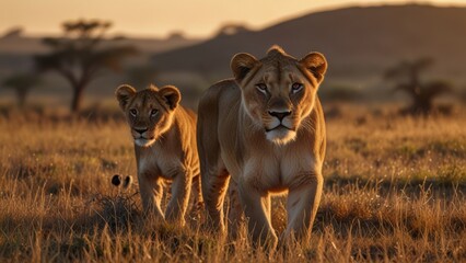 A striking lioness strides across the golden savanna, bathed in warm sunset light. The serene landscape highlights her elegance and power, symbolizing beauty and strength in the wild.