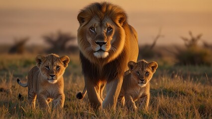 A powerful image capturing a lion and its cub strolling together across a sunlit savannah landscape, symbolizing strength, family, and natural beauty in the African wilderness.