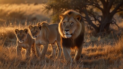 A powerful image capturing a lion and its cub strolling together across a sunlit savannah landscape, symbolizing strength, family, and natural beauty in the African wilderness.