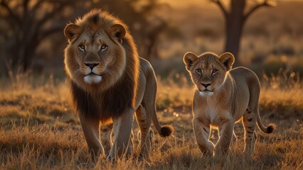 A powerful image capturing a lion and its cub strolling together across a sunlit savannah landscape, symbolizing strength, family, and natural beauty in the African wilderness.