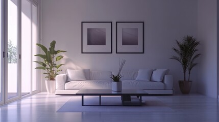 A minimalist living room with a clean, organized layout. The room features a comfortable sofa, a sleek coffee table, and a few decorative elements like a potted plant and a framed picture. The walls