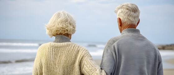 Senior Couple Watching Ocean on Windy Winter Beach, Travel, Leisure Bliss
