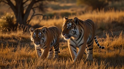 Two majestic tigers explore the sunlit grasslands during sunset, showcasing their natural beauty and grace. The warm golden light enhances the enchanting wildlife scene.