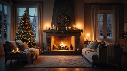A warm and inviting living room features a beautifully decorated Christmas tree and a glowing fireplace, creating a cozy holiday atmosphere perfect for celebrations.