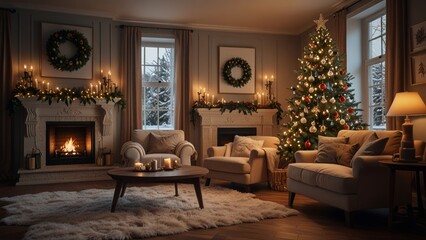 A warm and inviting living room features a beautifully decorated Christmas tree and a glowing fireplace, creating a cozy holiday atmosphere perfect for celebrations.