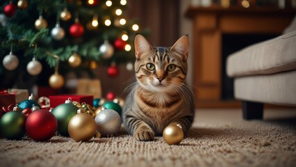A cute cat sits amidst colorful Christmas decorations and a twinkling Christmas tree, creating a cozy and festive holiday atmosphere.