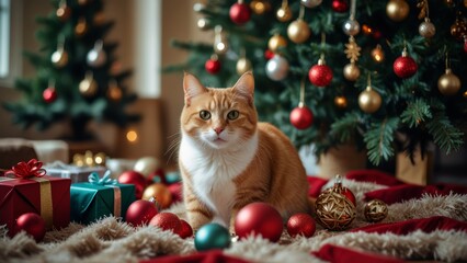 A cute cat sits amidst colorful Christmas decorations and a twinkling Christmas tree, creating a cozy and festive holiday atmosphere.