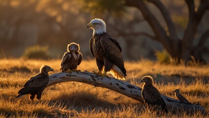 A majestic eagle family gathered on a branch surrounded by warm, golden light. Capturing nature's beauty and wildlife interaction in a serene natural setting.
