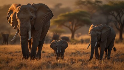 Majestic African elephants walk through the golden savanna at sunset, surrounded by acacia trees, capturing the essence of wildlife in its natural habitat.
