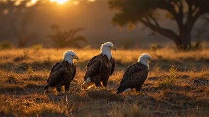 A majestic eagle family gathered on a branch surrounded by warm, golden light. Capturing nature's beauty and wildlife interaction in a serene natural setting.