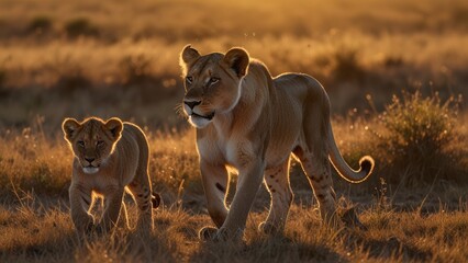 A striking lioness strides across the golden savanna, bathed in warm sunset light. The serene landscape highlights her elegance and power, symbolizing beauty and strength in the wild.