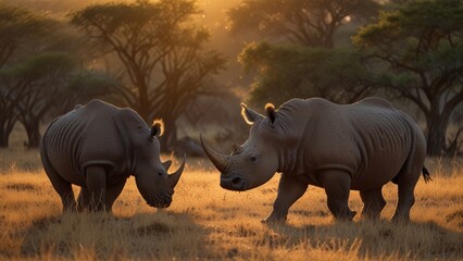 Two majestic rhinos peacefully graze in the stunning African savanna under a golden sunset, surrounded by the beauty of nature and wildlife.
