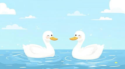 Obraz premium Two Winking Swans in the Water - Kids Illustration