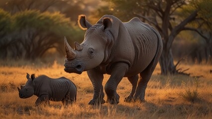 Two majestic rhinos peacefully graze in the stunning African savanna under a golden sunset, surrounded by the beauty of nature and wildlife.