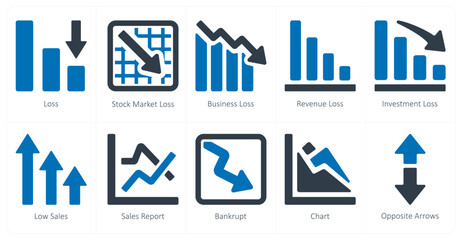 A set of 10 Diagrams and Reports icons as loss, stock market loss, business loss