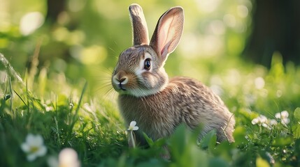 Fototapeta premium Alert Rabbit with Perked Ears in Sunlit Grassy Meadow