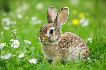 Fototapeta premium Charming Rabbit Amidst Blooming Daisies in Green Field