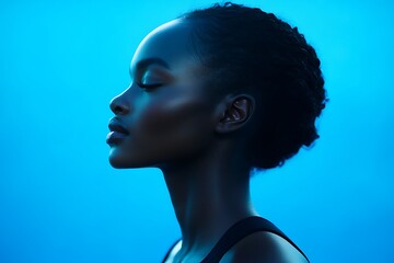 Serene Profile of Woman Bathed in Vibrant Blue Light
