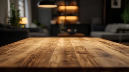 A wooden dining table is showcased in a modern living room. The table is in focus, with the surrounding furniture blurred in the background, capturing a sense of depth