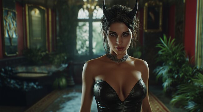a hot female demon with large black horns and beautiful feminine features, wearing an elegant leather dress and standing in the center of a room with green plants on each side of her