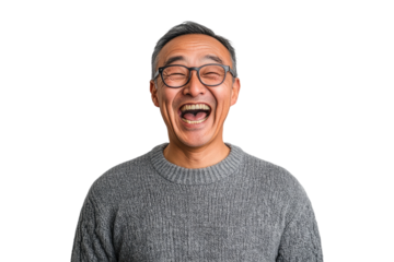 Portrait of a middle-aged Asian man laughing joyfully in a grey sweater on a transparent background