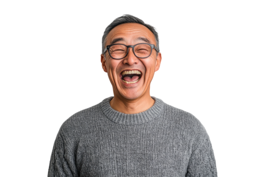 Portrait of a middle-aged Asian man laughing joyfully in a grey sweater on a transparent background