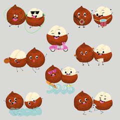 Cute  snake fruit, sala, rakum, salak characters, funny fruits, activities, leisure. Hand drawn vector illustration. Organic food, healthy, for kids menu, flyer, advertisement, wrap, label, invitation