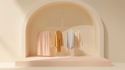 A 3D render of a minimalist clothing display with four garments hanging in an arched alcove.
