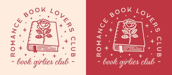 Romance book lovers girlies girls club badge logo reading group squad matching shirt design. Romantic rose flower romantasy books lover reader vintage retro red fantasy aesthetic printable cut file.