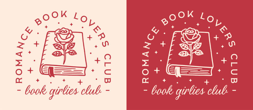 Romance book lovers girlies girls club badge logo reading group squad matching shirt design. Romantic rose flower romantasy books lover reader vintage retro red fantasy aesthetic printable cut file.