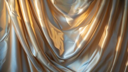Elegant, golden satin fabric drapes in soft folds, illuminated by warm sunlight.