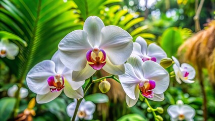 A breathtaking aerial capture of White Phalaenopsis Orchids in vibrant tropical bloom, showcasing the stunning beauty of nature for all floral enthusiasts to admire.
